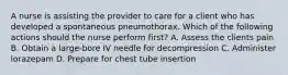 A nurse is assisting the provider to care for a client who has developed a spontaneous pneumothorax. Which of the following actions should the nurse perform first? A. Assess the clients pain B. Obtain a large-bore IV needle for decompression C. Administer lorazepam D. Prepare for chest tube insertion