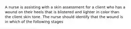 A nurse is assisting with a skin assessment for a client who has a wound on their heels that is blistered and lighter in color than the client skin tone. The nurse should identify that the wound is in which of the following stages