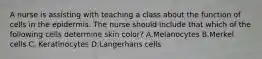 A nurse is assisting with teaching a class about the function of cells in the epidermis. The nurse should include that which of the following cells determine skin color? A.Melanocytes B.Merkel cells C. Keratinocytes D.Langerhans cells