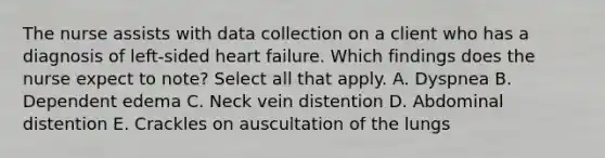 The nurse assists with data collection on a client who has a diagnosis of left-sided heart failure. Which findings does the nurse expect to note? Select all that apply. A. Dyspnea B. Dependent edema C. Neck vein distention D. Abdominal distention E. Crackles on auscultation of the lungs