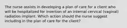 The nurse assists in developing a plan of care for a client who will be hospitalized for insertion of an internal cervical (vaginal) radiation implant. Which action should the nurse suggest including in the plan of care for the client?