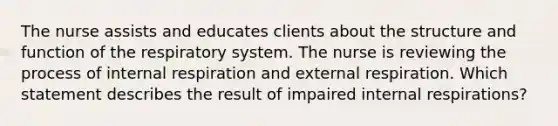 The nurse assists and educates clients about the structure and function of the respiratory system. The nurse is reviewing the process of internal respiration and external respiration. Which statement describes the result of impaired internal respirations?