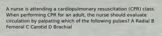 A nurse is attending a cardiopulmonary resuscitation (CPR) class. When performing CPR for an adult, the nurse should evaluate circulation by palpating which of the following pulses? A Radial B Femoral C Carotid D Brachial