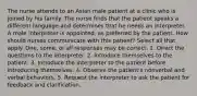 The nurse attends to an Asian male patient at a clinic who is joined by his family. The nurse finds that the patient speaks a different language and determines that he needs an interpreter. A male interpreter is appointed, as preferred by the patient. How should nurses communicate with this patient? Select all that apply. One, some, or all responses may be correct. 1. Direct the questions to the interpreter. 2. Introduce themselves to the patient. 3. Introduce the interpreter to the patient before introducing themselves. 4. Observe the patient's nonverbal and verbal behaviors. 5. Request the interpreter to ask the patient for feedback and clarification.