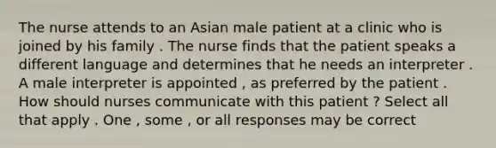 The nurse attends to an Asian male patient at a clinic who is joined by his family . The nurse finds that the patient speaks a different language and determines that he needs an interpreter . A male interpreter is appointed , as preferred by the patient . How should nurses communicate with this patient ? Select all that apply . One , some , or all responses may be correct