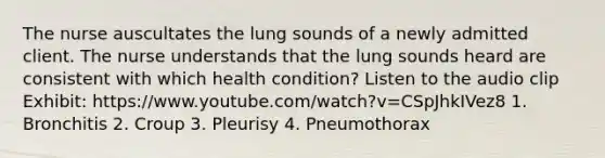 The nurse auscultates the lung sounds of a newly admitted client. The nurse understands that the lung sounds heard are consistent with which health condition? Listen to the audio clip Exhibit: https://www.youtube.com/watch?v=CSpJhkIVez8 1. Bronchitis 2. Croup 3. Pleurisy 4. Pneumothorax