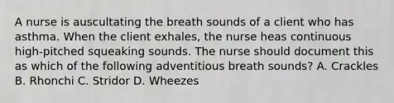 A nurse is auscultating the breath sounds of a client who has asthma. When the client exhales, the nurse heas continuous high-pitched squeaking sounds. The nurse should document this as which of the following adventitious breath sounds? A. Crackles B. Rhonchi C. Stridor D. Wheezes