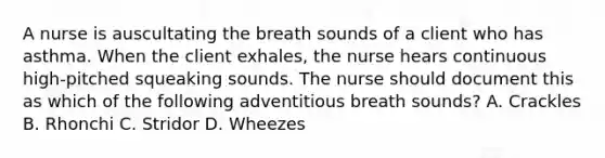 A nurse is auscultating the breath sounds of a client who has asthma. When the client exhales, the nurse hears continuous high-pitched squeaking sounds. The nurse should document this as which of the following adventitious breath sounds? A. Crackles B. Rhonchi C. Stridor D. Wheezes