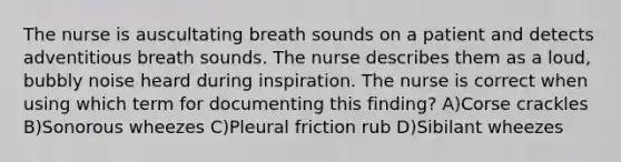 The nurse is auscultating breath sounds on a patient and detects adventitious breath sounds. The nurse describes them as a loud, bubbly noise heard during inspiration. The nurse is correct when using which term for documenting this finding? A)Corse crackles B)Sonorous wheezes C)Pleural friction rub D)Sibilant wheezes