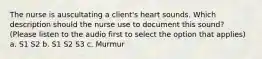 The nurse is auscultating a client's heart sounds. Which description should the nurse use to document this sound? (Please listen to the audio first to select the option that applies) a. S1 S2 b. S1 S2 S3 c. Murmur