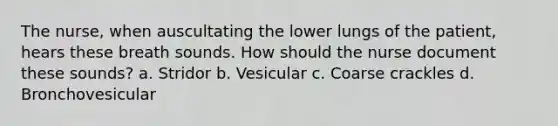 The nurse, when auscultating the lower lungs of the patient, hears these breath sounds. How should the nurse document these sounds? a. Stridor b. Vesicular c. Coarse crackles d. Bronchovesicular