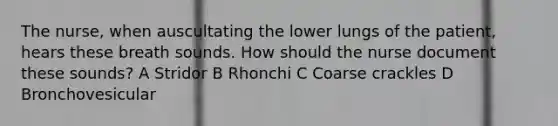 The nurse, when auscultating the lower lungs of the patient, hears these breath sounds. How should the nurse document these sounds? A Stridor B Rhonchi C Coarse crackles D Bronchovesicular