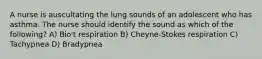 A nurse is auscultating the lung sounds of an adolescent who has asthma. The nurse should identify the sound as which of the following? A) Bio't respiration B) Cheyne-Stokes respiration C) Tachypnea D) Bradypnea