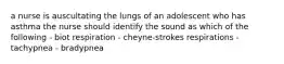 a nurse is auscultating the lungs of an adolescent who has asthma the nurse should identify the sound as which of the following - biot respiration - cheyne-strokes respirations - tachypnea - bradypnea