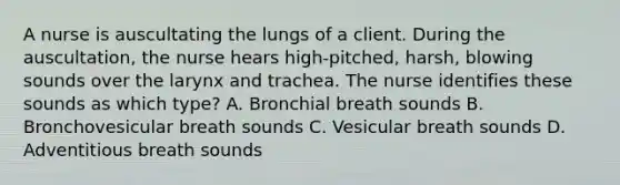 A nurse is auscultating the lungs of a client. During the auscultation, the nurse hears high-pitched, harsh, blowing sounds over the larynx and trachea. The nurse identifies these sounds as which type? A. Bronchial breath sounds B. Bronchovesicular breath sounds C. Vesicular breath sounds D. Adventitious breath sounds