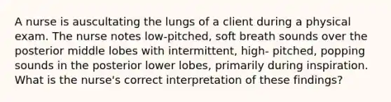 A nurse is auscultating the lungs of a client during a physical exam. The nurse notes low-pitched, soft breath sounds over the posterior middle lobes with intermittent, high- pitched, popping sounds in the posterior lower lobes, primarily during inspiration. What is the nurse's correct interpretation of these findings?