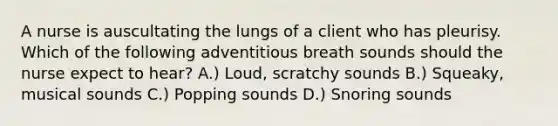 A nurse is auscultating the lungs of a client who has pleurisy. Which of the following adventitious breath sounds should the nurse expect to hear? A.) Loud, scratchy sounds B.) Squeaky, musical sounds C.) Popping sounds D.) Snoring sounds