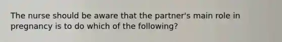 The nurse should be aware that the partner's main role in pregnancy is to do which of the following?