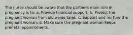 The nurse should be aware that the partners main role in pregnancy is to: a. Provide financial support. b. Protect the pregnant woman from old wives tales. c. Support and nurture the pregnant woman. d. Make sure the pregnant woman keeps prenatal appointments.