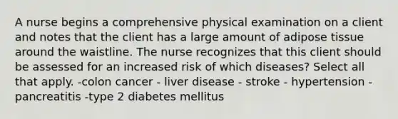 A nurse begins a comprehensive physical examination on a client and notes that the client has a large amount of adipose tissue around the waistline. The nurse recognizes that this client should be assessed for an increased risk of which diseases? Select all that apply. -colon cancer - liver disease - stroke - hypertension - pancreatitis -type 2 diabetes mellitus