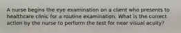 A nurse begins the eye examination on a client who presents to healthcare clinic for a routine examination. What is the correct action by the nurse to perform the test for near visual acuity?