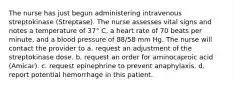 The nurse has just begun administering intravenous streptokinase (Streptase). The nurse assesses vital signs and notes a temperature of 37° C, a heart rate of 70 beats per minute, and a blood pressure of 88/58 mm Hg. The nurse will contact the provider to a. request an adjustment of the streptokinase dose. b. request an order for aminocaproic acid (Amicar). c. request epinephrine to prevent anaphylaxis. d. report potential hemorrhage in this patient.