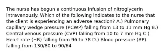 The nurse has begun a continuous infusion of nitroglycerin intravenously. Which of the following indicates to the nurse that the client is experiencing an adverse reaction? A.) Pulmonary capillary wedge pressure (PCWP) falling from 13 to 11 mm Hg B.) Central venous pressure (CVP) falling from 10 to 7 mm Hg C.) Heart rate (HR) falling from 96 to 78 D.) Blood pressure (BP) falling from 130/80 to 90/64