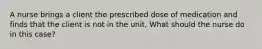 A nurse brings a client the prescribed dose of medication and finds that the client is not in the unit. What should the nurse do in this case?