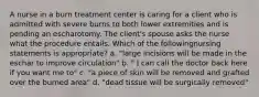 A nurse in a burn treatment center is caring for a client who is admitted with severe burns to both lower extremities and is pending an escharotomy. The client's spouse asks the nurse what the procedure entails. Which of the followingnursing statements is appropriate? a. "large incisions will be made in the eschar to improve circulation" b. " I can call the doctor back here if you want me to" c. "a piece of skin will be removed and grafted over the burned area" d. "dead tissue will be surgically removed"