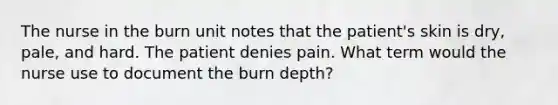 The nurse in the burn unit notes that the patient's skin is dry, pale, and hard. The patient denies pain. What term would the nurse use to document the burn depth?