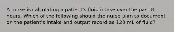 A nurse is calculating a patient's fluid intake over the past 8 hours. Which of the following should the nurse plan to document on the patient's intake and output record as 120 mL of fluid?