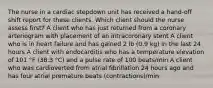 The nurse in a cardiac stepdown unit has received a hand-off shift report for these clients. Which client should the nurse assess first? A client who has just returned from a coronary arteriogram with placement of an intracoronary stent A client who is in heart failure and has gained 2 lb (0.9 kg) in the last 24 hours A client with endocarditis who has a temperature elevation of 101 °F (38.3 °C) and a pulse rate of 100 beats/min A client who was cardioverted from atrial fibrillation 24 hours ago and has four atrial premature beats (contractions)/min