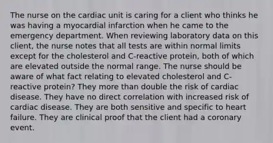 The nurse on the cardiac unit is caring for a client who thinks he was having a myocardial infarction when he came to the emergency department. When reviewing laboratory data on this client, the nurse notes that all tests are within normal limits except for the cholesterol and C-reactive protein, both of which are elevated outside the normal range. The nurse should be aware of what fact relating to elevated cholesterol and C-reactive protein? They more than double the risk of cardiac disease. They have no direct correlation with increased risk of cardiac disease. They are both sensitive and specific to heart failure. They are clinical proof that the client had a coronary event.