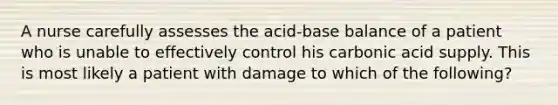 A nurse carefully assesses the acid-base balance of a patient who is unable to effectively control his carbonic acid supply. This is most likely a patient with damage to which of the following?