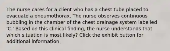 The nurse cares for a client who has a chest tube placed to evacuate a pneumothorax. The nurse observes continuous bubbling in the chamber of the chest drainage system labelled 'C.' Based on this clinical finding, the nurse understands that which situation is most likely? Click the exhibit button for additional information.