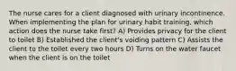 The nurse cares for a client diagnosed with urinary incontinence. When implementing the plan for urinary habit training, which action does the nurse take first? A) Provides privacy for the client to toilet B) Established the client's voiding pattern C) Assists the client to the toilet every two hours D) Turns on the water faucet when the client is on the toilet