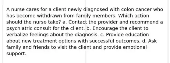 A nurse cares for a client newly diagnosed with colon cancer who has become withdrawn from family members. Which action should the nurse take? a. Contact the provider and recommend a psychiatric consult for the client. b. Encourage the client to verbalize feelings about the diagnosis. c. Provide education about new treatment options with successful outcomes. d. Ask family and friends to visit the client and provide emotional support.