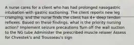 A nurse cares for a client who has had prolonged nasogastric intubation with gastric suctioning. The client reports new leg cramping, and the nurse finds the client has 4+ deep tendon reflexes. Based on these findings, what is the priority nursing action? Implement seizure precautions Turn off the wall suction to the NG tube Administer the prescribed muscle relaxer Assess for Chvestek's and Trousseau's sign