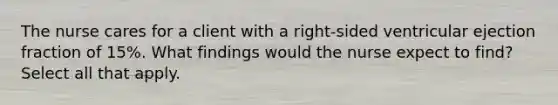 The nurse cares for a client with a right-sided ventricular ejection fraction of 15%. What findings would the nurse expect to find? Select all that apply.