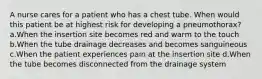 A nurse cares for a patient who has a chest tube. When would this patient be at highest risk for developing a pneumothorax? a.When the insertion site becomes red and warm to the touch b.When the tube drainage decreases and becomes sanguineous c.When the patient experiences pain at the insertion site d.When the tube becomes disconnected from the drainage system