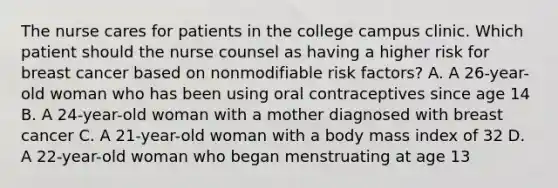 The nurse cares for patients in the college campus clinic. Which patient should the nurse counsel as having a higher risk for breast cancer based on nonmodifiable risk factors? A. A 26-year-old woman who has been using oral contraceptives since age 14 B. A 24-year-old woman with a mother diagnosed with breast cancer C. A 21-year-old woman with a body mass index of 32 D. A 22-year-old woman who began menstruating at age 13