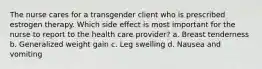 The nurse cares for a transgender client who is prescribed estrogen therapy. Which side effect is most important for the nurse to report to the health care provider? a. Breast tenderness b. Generalized weight gain c. Leg swelling d. Nausea and vomiting