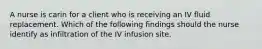 A nurse is carin for a client who is receiving an IV fluid replacement. Which of the following findings should the nurse identify as infiltration of the IV infusion site.