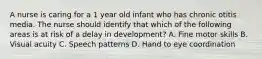 A nurse is caring for a 1 year old infant who has chronic otitis media. The nurse should identify that which of the following areas is at risk of a delay in development? A. Fine motor skills B. Visual acuity C. Speech patterns D. Hand to eye coordination