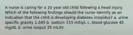 A nurse is caring for a 10 year old child following a head injury. Which of the following findings should the nurse identify as an indication that the child is developing diabetes insipidus? a. urine specific gravity 1.045 b. sodium 155 mEq/L c. blood glucose 45 mg/dL d. urine output 35 mL/hr