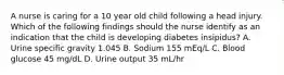 A nurse is caring for a 10 year old child following a head injury. Which of the following findings should the nurse identify as an indication that the child is developing diabetes insipidus? A. Urine specific gravity 1.045 B. Sodium 155 mEq/L C. Blood glucose 45 mg/dL D. Urine output 35 mL/hr