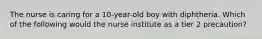 The nurse is caring for a 10-year-old boy with diphtheria. Which of the following would the nurse institute as a tier 2 precaution?