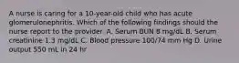 A nurse is caring for a 10-year-old child who has acute glomerulonephritis. Which of the following findings should the nurse report to the provider. A. Serum BUN 8 mg/dL B. Serum creatinine 1.3 mg/dL C. Blood pressure 100/74 mm Hg D. Urine output 550 mL in 24 hr