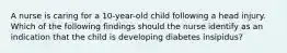 A nurse is caring for a 10-year-old child following a head injury. Which of the following findings should the nurse identify as an indication that the child is developing diabetes insipidus?