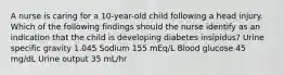 A nurse is caring for a 10-year-old child following a head injury. Which of the following findings should the nurse identify as an indication that the child is developing diabetes insipidus? Urine specific gravity 1.045 Sodium 155 mEq/L Blood glucose 45 mg/dL Urine output 35 mL/hr